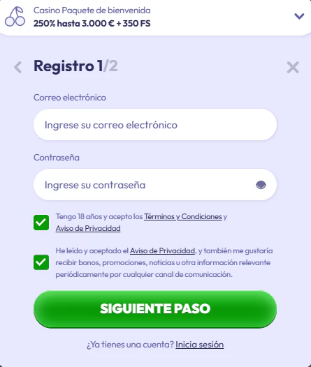 Alta de usuario y acceso al área personal de Infinity Casino