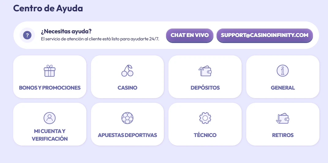 Centro de soporte y canales de atención para jugadores de Infinity Casino